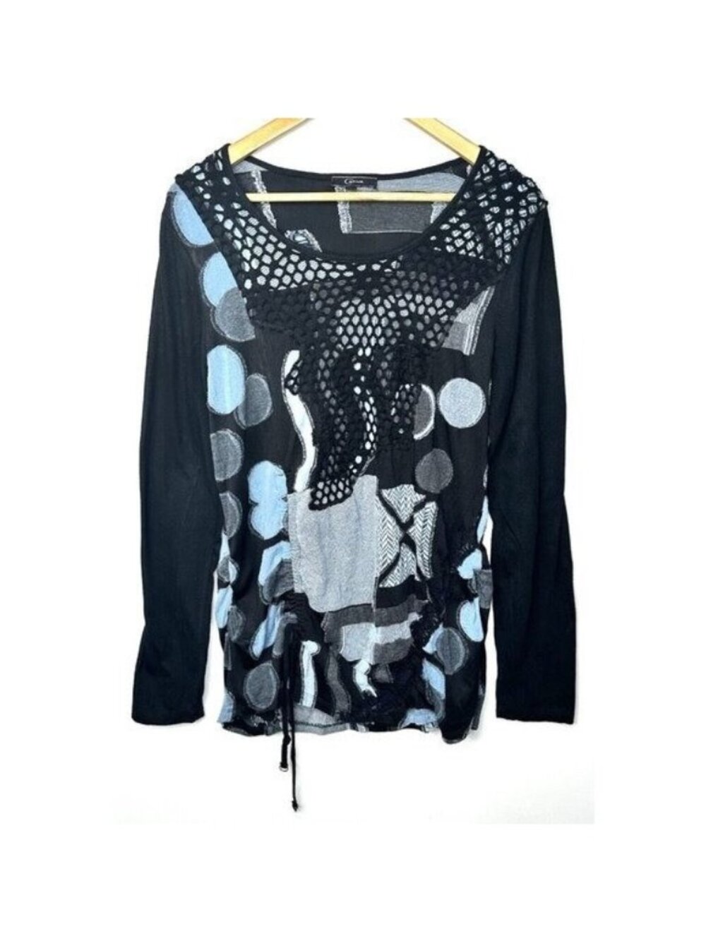 Cativa Tunic Top Womens XL Black Abstract Crochet Mesh Drawstring Boho Blouse